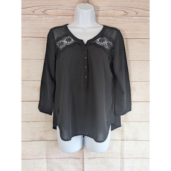 American Eagle Outfitters Black 3/4 Sleeve Blouse Lace Pleated Boho Size Small - Picture 1 of 7